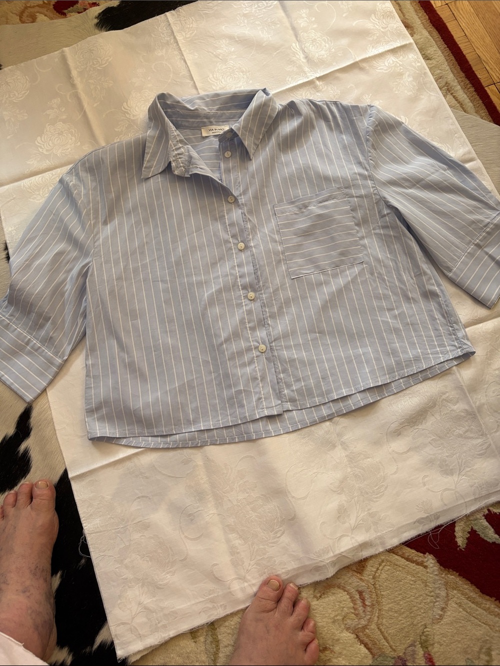 Relaxed Light Blue Striped Button-Front Blouse. Cotton.  ITALY - Picture 5 of 6